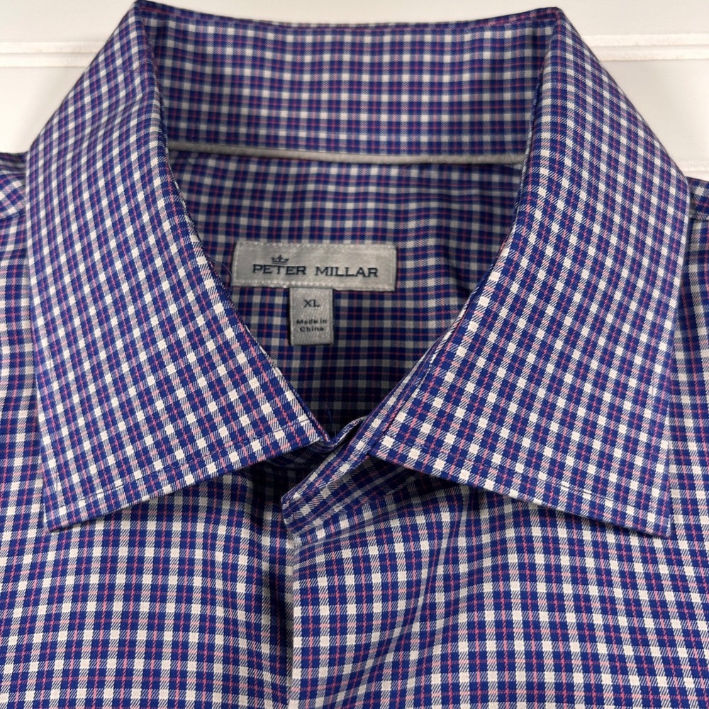 Peter Millar Gingham Check Long Sleeve Shirt Mens XL Blue Purple Pink Plaid